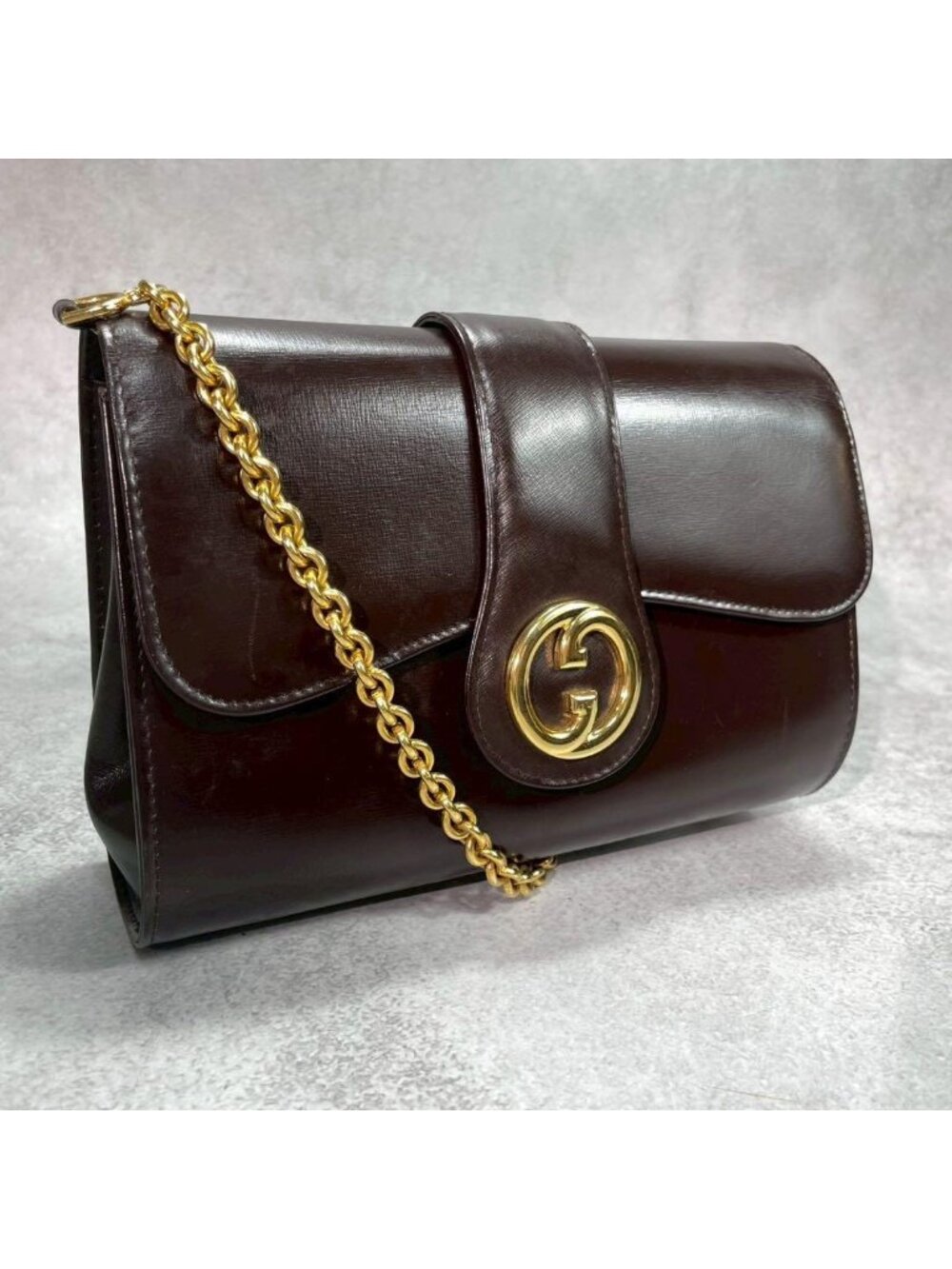 ★SOLD★ Gucci Shoulder Bag Brown Leather Gold Chain